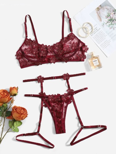 Floral Embroidery Mesh Underwire Garter Lingerie Set