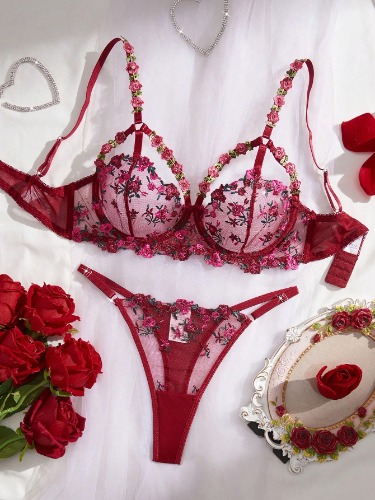 Women 2pcs Sexy Lingerie Set: Red Floral Embroidery Bra & Mesh Sheer Panty, Padded Cups Cleavage Enhancing, Intimate Sleepwear, Valentine's Day Gift