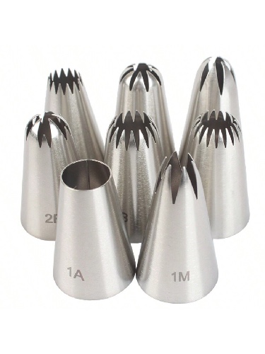 8pcs/Set Icing Tips Set, 6-Tooth, 8-Tooth, 15-Tooth Stainless Steel Piping Nozzle Pastry Tube For Cookie, Cake Decorating, Baking Tools, Medium Size