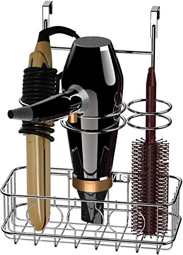 SimpleHouseware Cabinet Door / Wall Mount Hair Dryer & Styling Tools Organizer Storage, Chrome - Chrome