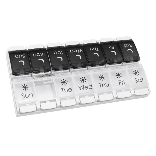 EZY DOSE Weekly (7-Day) AM/PM Pill Organizer, Vitamin and Medicine Box, Large Push Button Compartments, 2 Times a Day, Black and White Lids 1 count (Pack of 1) - 7 days, 2x a day