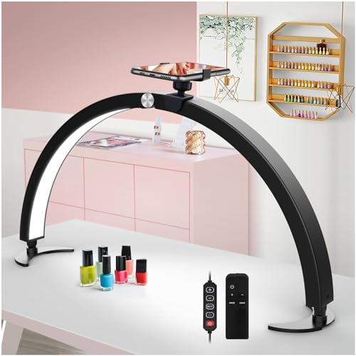 yAyusi Half Moon Light for Nail Desk with Phone Stand, 29In 40W Nail Tech Light, Nail Table Lamp with Wire Controller & Remote, 7 Color Modes, 10 Brightness for Beauty/Eyelashes/Tattoos/Crafts