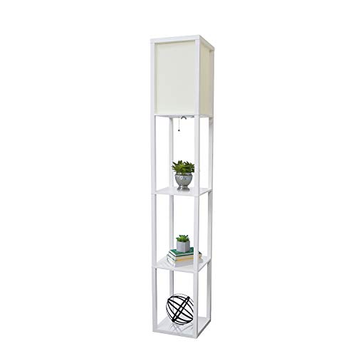 Simple Designs LF1014-WHT Floor Lamp Etagere Organizer Storage Shelf with Linen Shade, White - White