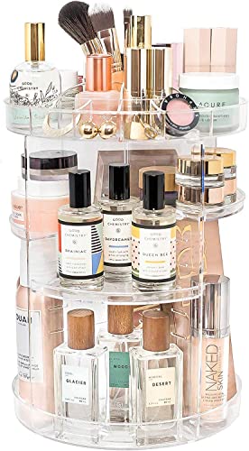 Acrylic Makeup Organizer, Cosmetic Storage and Vanity Perfume Organizers in Countertop Bathroom Dresser, 360 Rotating Makeup Holder Stand for Beauty Caddy Skincare & Clear - H13 inches × D9 inches