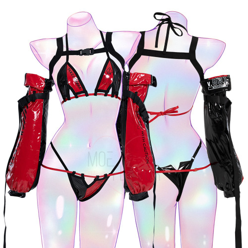 DANGER Cyber Cat Bikini with Sleeves - Red and Black / L/XL