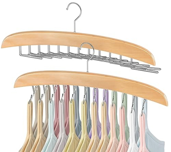 Tank Top Hanger Space Saving - Fitnice Bra Hanger for Closet Organizer with 360° Rotating 24 Foldable Metal Hooks Bra Organizer Wooden Tie Storage Rack for Camisoles, Bras, Belts, Scarfs 2 Pack - 2 pack