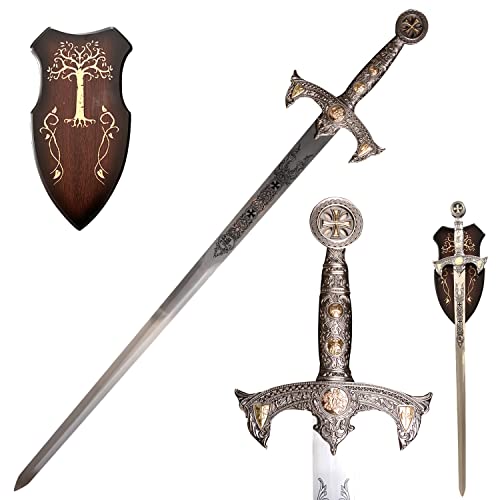 47" Crusader Knights Templar Sword with Wall Display Plaque. Medieval Style, Steel Blade, for Wall Decor, Cosplay, Collection, Display