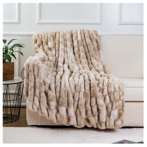 BATTILO HOME Luxury Faux Fur Throw Blanket Beige Tie-dye Rabbit Fur Blanket for Bed Sofa Couch, 50"x60" Ruched Warm Cozy Fuzzy Blanket - Beige - 50"x60"