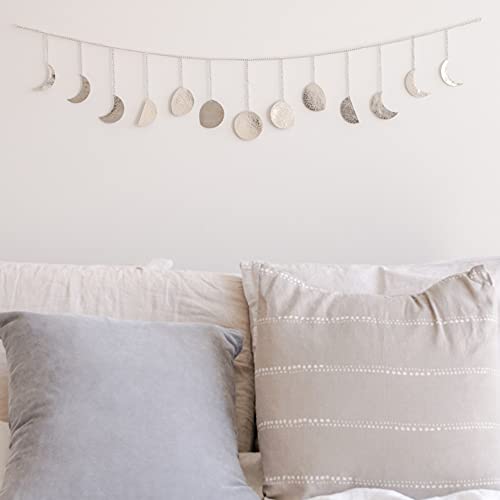Moon Phase Wall Hanging, Handmade Hammered Silver Metal 13 Moons 36" Garland, Phases of the Moon Decorations, Celestial Lunar Art, Christmas Boho Decor for Bedroom Home Dorm Living Room Girl Gift - Silver Garland