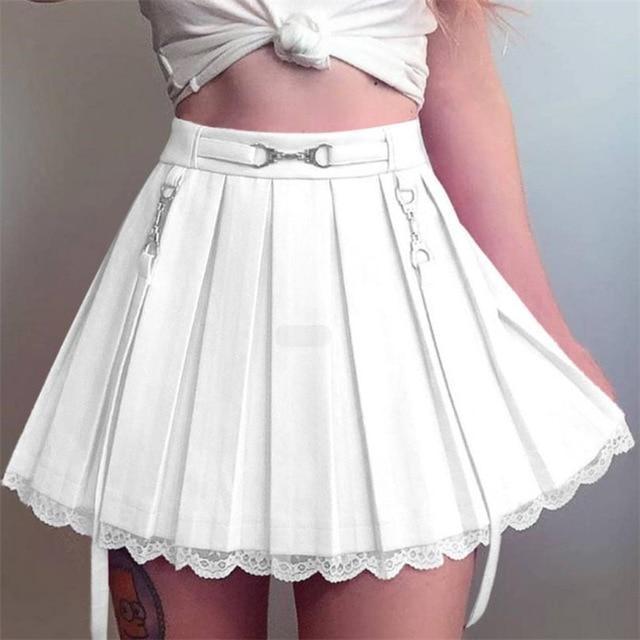 Lace Hemmed Pleated Skirt - White / M