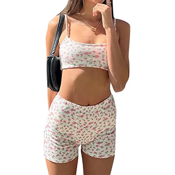 WZTYYDS Women Two Pieces Knitted Shorts Set Sleeveless Straps Floral Crop Tank Tops High Waist Shorts Outfits Streetwear