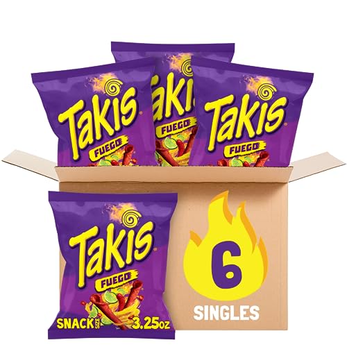 Takis Fuego Rolled Spicy Tortilla Chips, Hot Chili Pepper Lime Flavored Hot Chips, Multipack 6 Individual Bags, 3.25 Ounces Each