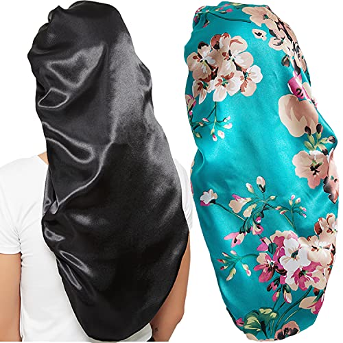 Wbfwbb 2 Pcs Silk Bonnet for Women Satin, Soft Elastic Band Silky Sleeping Cap Big Bonnets for Braids - One Size - Black and Light Blue