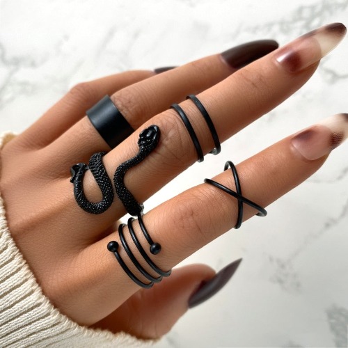 Punk Snake Black Rings Set of 5 - 5570201