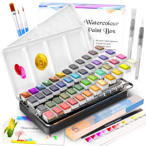 Watercolour Paint Set, RATEL Premium Watercolour Paint Box -48 Colors Solid Pigment+3 Painting Brush Pen+2 Water Tank Brushes+10 Watercolor Papers-Water, Soluble and Mix Well Watercolour Paints