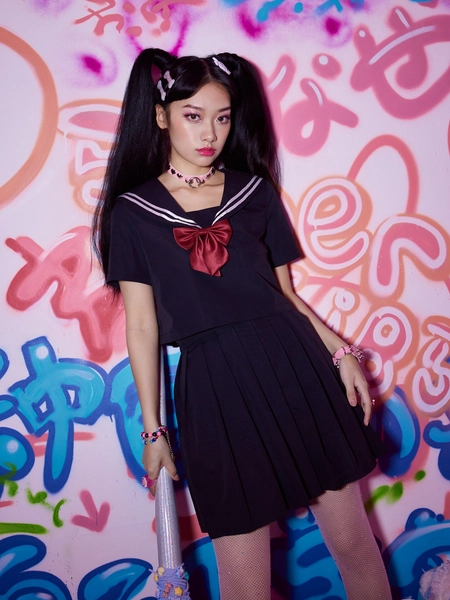  Bow Front Sailor Collar Top & Pleated Skirt