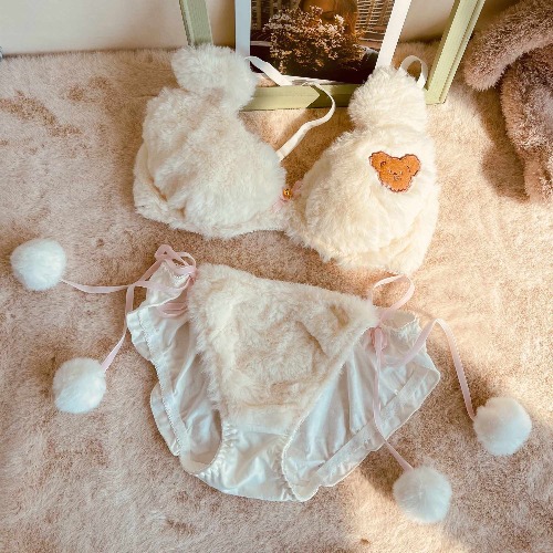 Fuzzy Teddy Bear Lingerie Set - White / L