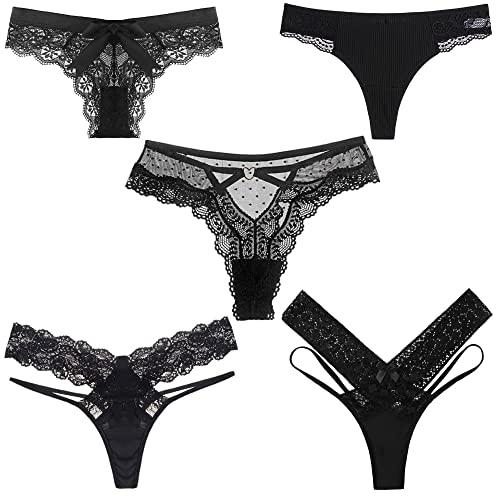 Sexy Black Thong Underwear | Variety 5 Pack | Lace Panties | Women's Underwear | Panties for Women | Lingerie for Women - Medium - Black