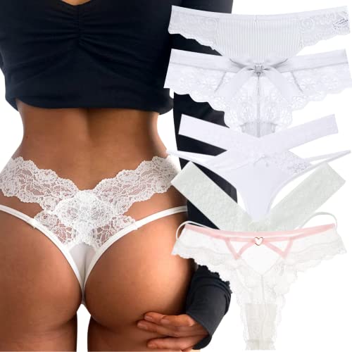 Sexy Black Thong Underwear | Variety 5 Pack | Lace Panties | Women's Underwear | Panties for Women | Lingerie for Women - Medium - White