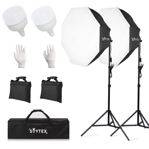 Octa Softbox Lighting Kit, Skytex Upgrade Continuous Photography Lighting Kit with sandbags, 28In Diameter Octa Soft Box | 135W 5500K LED Bulb, Studio Lights for Photo Shooting, Video Recording - 2octa softbox