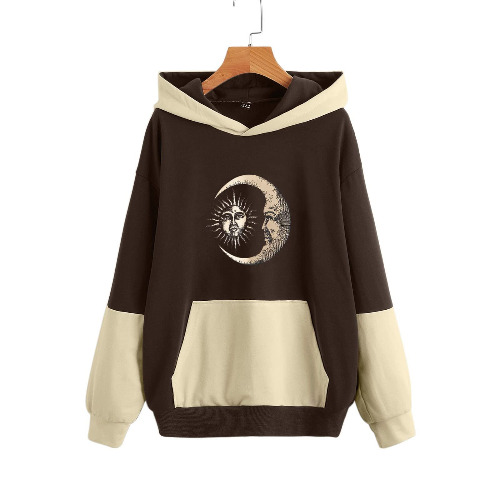 SSODHIF Haus Geldes Anzug Damen mode bedrucktes Sweatshirt Taschenoberteil Langarm Drop Shoulder Soft Warm Top Colorblock Hoodie Bluse Pullover Damen Grobstrick - XL - Marrón