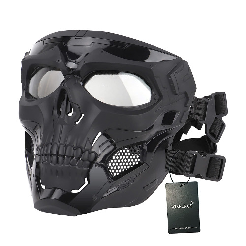WISEONUS Airsoft Táctico Skull Messenger Masks Equipo de protección Máscara Facial Completa para Caza de Halloween Paintball CS Wargame - Negro