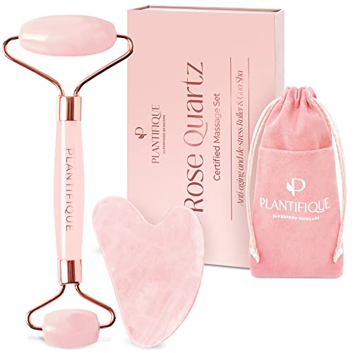 Plantifique Rose Quartz Roller and Gua Sha Set - Face Roller and Gua Sha Stone - Anti Aging Face Rollers for Women & Men - GuaSha Tool and Face Massager - Skincare Facial Beauty Products - Roller and Guasha Rose Quartz