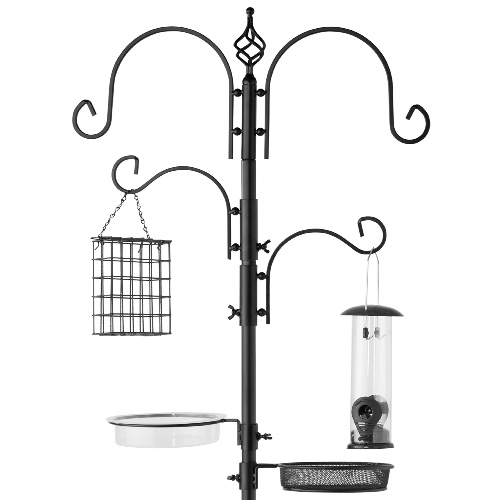 4-Hook Bird Feeding Station, Steel Feeder Stand w/ 2 Bird Feeders - 91in | Black