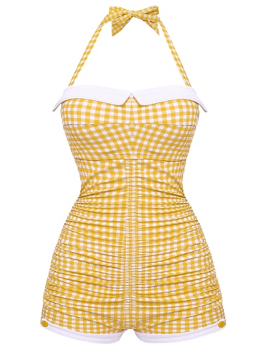 Checked 1950s Halter Bowknot One-piece Swimsuit | Yellow / S / 2