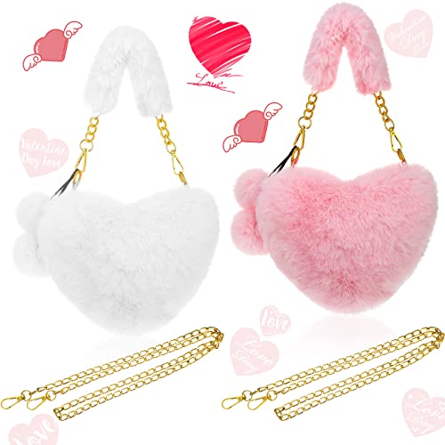 Saintrygo 2 Pcs Valentines Day Furry Purse Heart Shaped Purse Women Soft Fluffy Faux Fur Handbag for Girl Gift Christmas - White, Pink