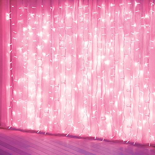 amadecohome Curtain Lights, Pink Room Decor 8 Modes LED String Lights for Garden, Teen Girls' Room, Party, Window, Wall and Valentines Day Decor - Pink