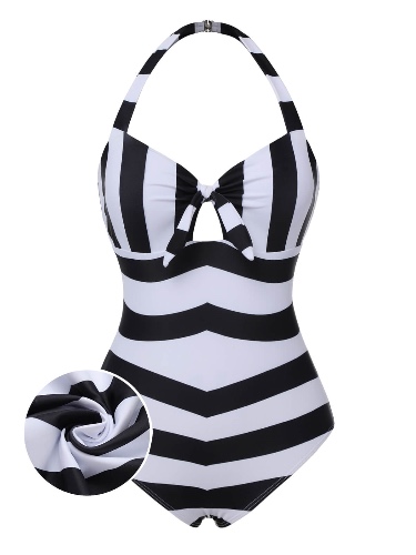 Black & White 1950s Barbie Stripes Halter Swimsuit | Black & White / S / 2