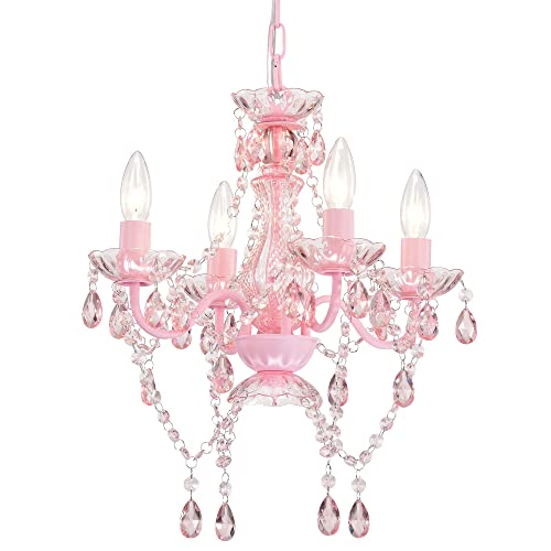 LaLuLa Mini Chandelier with Acrylic Crystals Pink Chandelier 4 Light Modern Chandelier for Girls Room - Pink
