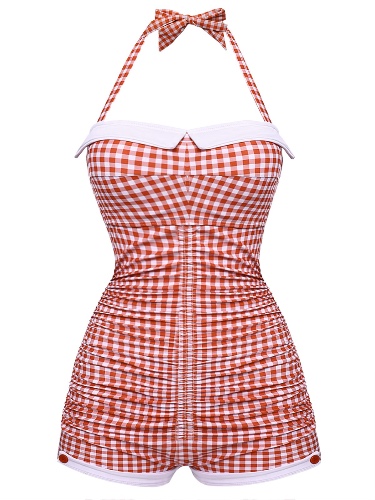 Checked 1950s Halter Bowknot One-piece Swimsuit | Red / S / 2