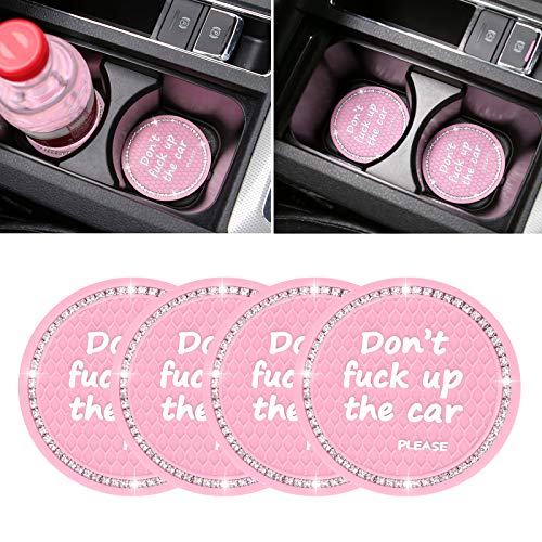 4 Pack Bling Car Coasters, 2.75 Inch Bling Crystal Rhinestone Diamond Soft Rubber Pad Set Round Auto Cup Holder Insert Drink Coaster Car Interior Accessories - Pink