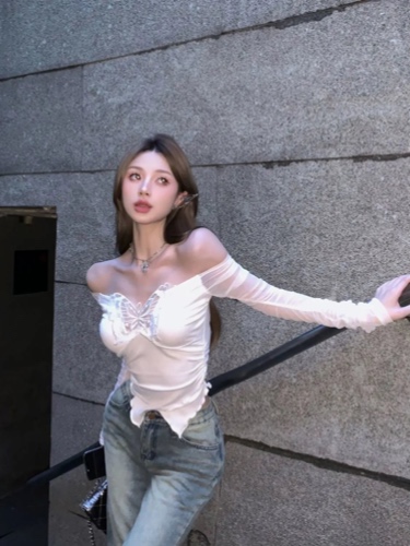 Butterfly Mesh Long Sleeve Top | WHITE / M