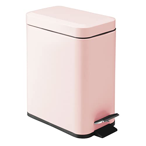 mDesign Small Modern 1.3 Gallon Rectangle Metal Lidded Step Trash Can, Compact Garbage Bin with Removable Liner Bucket and Handle for Bathroom, Kitchen, Craft Room, Office, Garage - Light Pink - Light Pink - 1.3 Gallon