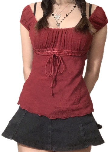 Women Y2K Sexy Hollow Out Top Ladies Solid Color Long Sleeve O-Neck T-Shirt Casual Spring Summer Shirt Clothes - Small - Red-017a