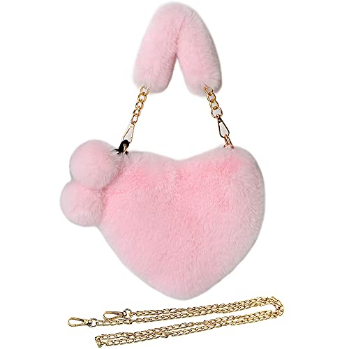 Rejolly Furry Purse for Girls Heart Shaped Fluffy Faux Fur Handbag for Women Soft Small Shoulder Bag Clutch Purse - Pink Light