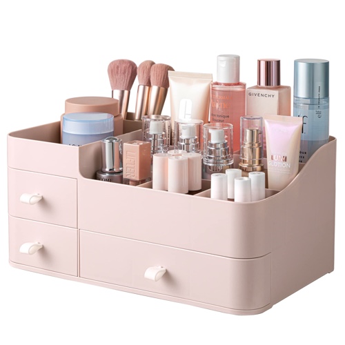 HBlife Plastic Makeup Organizer for Vanity, Large Skincare Organizers 8 Compartments Bathroom Organizer Cosmetic Storage, Pink - Pink-3 Drawers