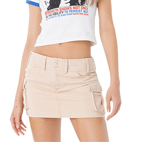 Women Cargo Mini Skirt Aesthetic Y2k 90s Low Waist Denim Short Skirt Vintage Harajuku Streetwear - Medium - Apricot