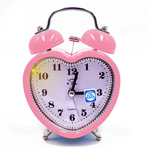 Monique Students Seniors 3in Twin Bell Loud Alarm ,Silent Analog Quartz Nightlight Clock Battery Operated for Heavy Sleepers Heart Shape Pink - Heart- Shaped Pink