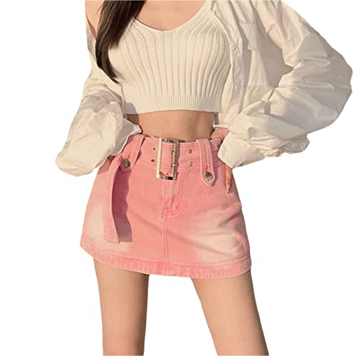 Women Cargo Mini Skirt Aesthetic Y2k 90s Low Waist Denim Short Skirt Vintage Harajuku Streetwear - Small - Pink Jeans