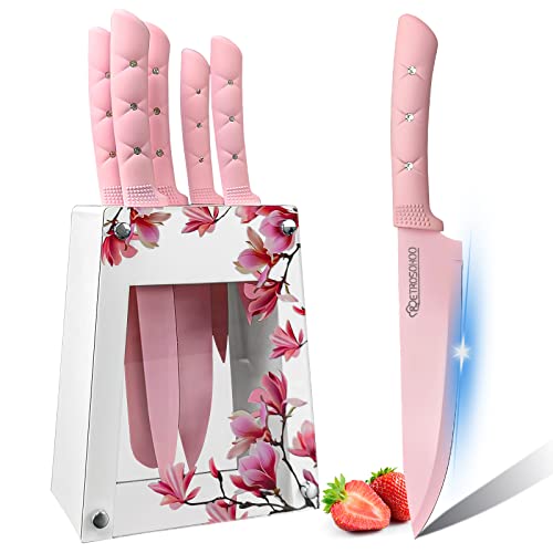 Kitchen Knife Set, Retrosohoo Pink Flower 6PC Stainless Steel Sharp Chef Cooking Non-slip Knife Set with Acrylic Stand & Block, Non-stick Colorful Coating Gift for Women Girls (Pink) - Pink