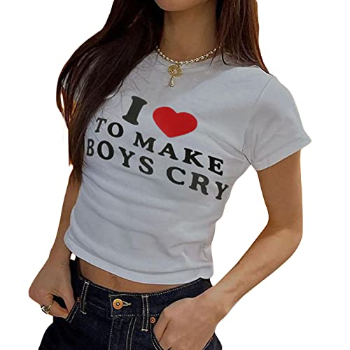 Womens Y2K Print Crop Tops Cute Kawaii Punk Graphic Summer Short Sleeve Tee T-Shirts E-Girls Teen Clothes Streetwear - White-i Love to Make Boys Cry - Small