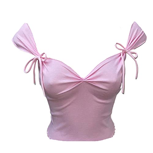 Vintage Bow Tie Tank Tops for Women Girl Fairy Grunge Y2K Crop Top 2000s Aesthetic Slim Fit Mini Vest Chic Streetwear - B Pink Crop Top - Small