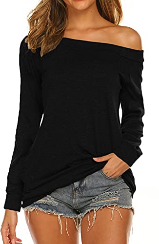 Halife Women's Long Sleeve Boat Neck Off Shoulder Blouse Tops - Small - Black