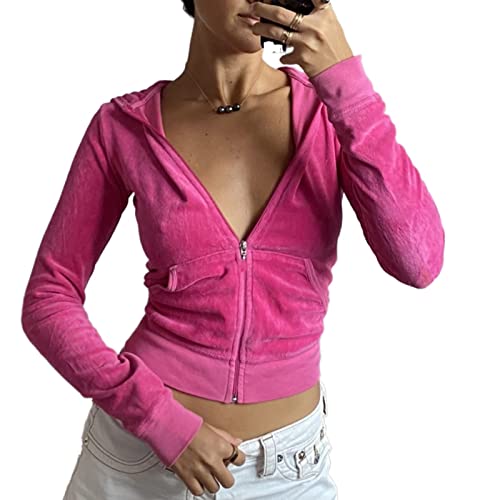 Luckinbaby Women’s Casual Y2k Zip Up Crop Top Hoodie Sweatshirt Vintage Graphic Print Hooded Jacket Aesthetic Streetwear - Small - Velvet Pink