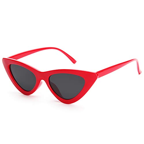 Livhò Retro Vintage Narrow Cat Eye Sunglasses for Women Clout Goggles Plastic Frame - A-red Frame + Grey Lens