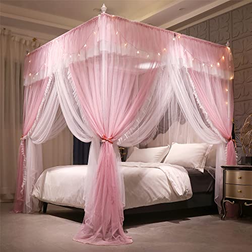 VETHIN 4 Corners Post Ruffle Princess Bed Canopy Curtain-Double Layer Cozy Drape Netting 4 Opening Mosquito Net for Girls Adults Bedroom Decoration (Pink/Whtie,64" W*82" L*82"*H/Queen) - Pink/Whtie - 64\"W*82\"L*82\"*H/(Queen)